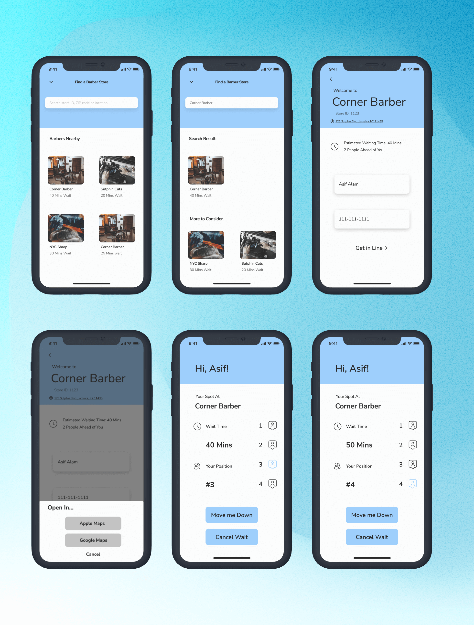 BarberQueue final mockups